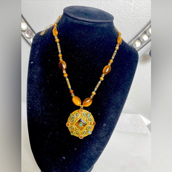 Vintage Necklace. Brass & Bead Tiger Eye Michael Golan 18" - Picture 4 of 10